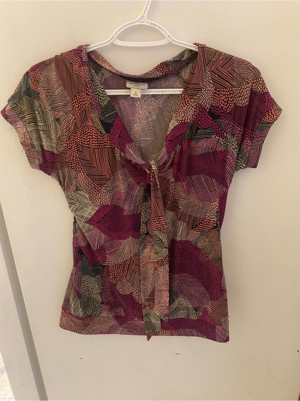 Women’s Worthington Tie-Front Abstract Leaf Blouse in Magenta and Olive